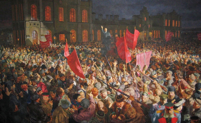 A gigantic painting of Lenin addressing the crowd upon his return to Russia during the Russian Revolution.  Note the disaffected bourgeoisie, military officers, and priests in the lower right.  The painting hangs in the Museum of Political History.